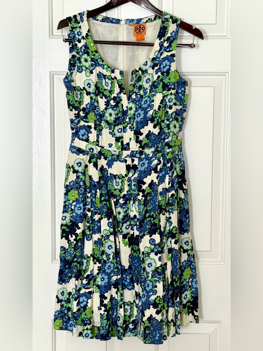 Tory Burch Size 4 Linen Floral Fit & Flare Pleated Dress Blue Green - Picture 8 of 10